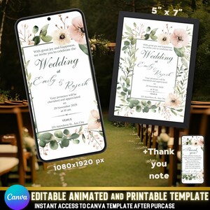 Greenery Floral Wedding Invitation | Animated & Printable Canva Template | Elegant Sage Green and Pink Wedding Evite