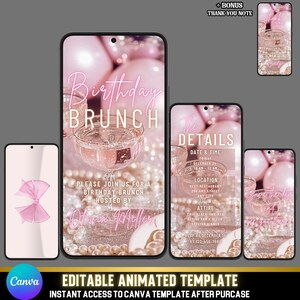Animierte Brunch-Einladung zum Geburtstag | Champagner & Perlen | Elegante Digitale Video Vorlage + Dankeschön
