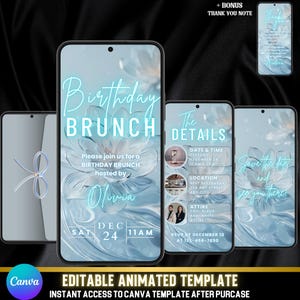 Invitación de brunch de cumpleaños con flores azules: elegante video animado con mensaje "Guarda la fecha" y nota de agradecimiento: estilo moderno y chic para ella.