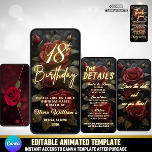 Invitación animada para cumpleaños número 18 / Rosas rojo oscuro / Fiesta en negro y dorado / Plantilla editable de Canva / Tarjeta de agradecimiento adicional