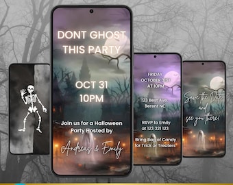 Op de afbeelding: Een Halloween-feestuitnodigingssjabloon weergegeven op vier smartphones. Het ontwerp toont een spookachtig kasteel, een volle maan en de tekst "DONT GHOST THIS PARTY" en "OCT 31 10PM". De uitnodiging bevat RSVP-details en een "Save the Date"-bericht.