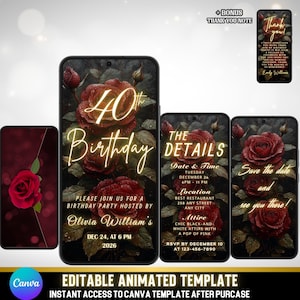 Convite animado para 40º aniversário | Convite em tela Red Rose Canvas Evite | Convite MP4 preto e dourado | Download instantâneo + Nota de agradecimento