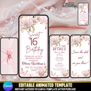 Faire-part 16e anniversaire modifiable, or rose et rose poudré, invitation numérique + mot de remerciement, modèle sur toile