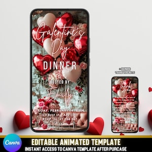 May include: A smartphone displays a Galentine's Day dinner invitation. The design features heart-shaped balloons in red and white, floral arrangements, and the text "Galentine's Day Dinner." The invitation includes event details and RSVP information. A bonus thank you note is also shown.