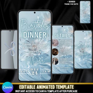 invitation argentée bleue pour le dîner d'anniversaire | Evite animé nénuphar | Invitation florale moderne de partie | Modèle Canvas élégant + Remerciement