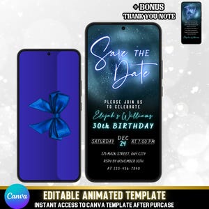 Animated Black & Silver Save the Date | Neon Birthday Invitation  | Dark Blue Birthday Evite for Men | Custom MP4 Canva Template