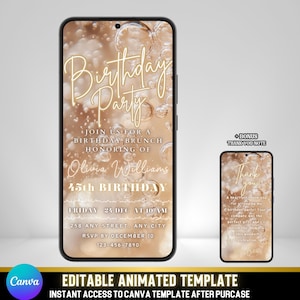 Invito video animato elegante per festa di compleanno, bollicine di champagne, design glamour, modello Canva