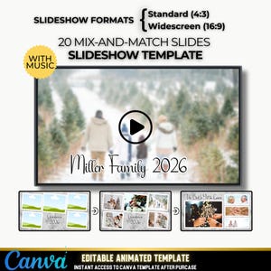 Könnte beinhalten: Eine Diashow-Vorlage mit dem Text "SLIDESHOW FORMATS" und "20 MIX-AND-MATCH SLIDES SLIDESHOW TEMPLATE". Das Hauptbild zeigt eine Familie, die in einem verschneiten Wald spaziert, mit dem Text "Miller Family 2026".
