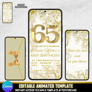 Goldenes 65. Geburtstagseinladungsvideo, luxuriöses Blumen-Evite für Frauen, weiches beige & goldenes Party-Evite, bearbeitbare animierte Vorlage + Thank Note