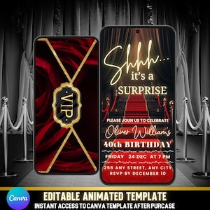 Red Carpet Surprise 40th Birthday Video Invitation | Animated Canva Template