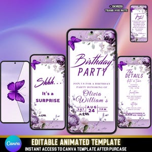 Elegante Blumenüberraschungs-Geburtstagseinladung, lila Blumen-Geburtstagsvideo, animierte Canva-Vorlage für Frauen, bearbeitbares Design