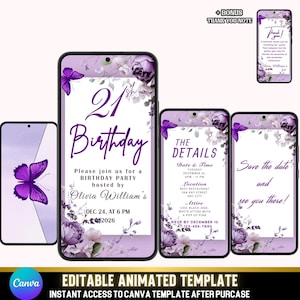 Bewerkbare 21e verjaardagsuitnodiging | Video-uitnodiging paarse bloemen en vlinder | Vintage canvassjabloon | Digitale download + bedankje