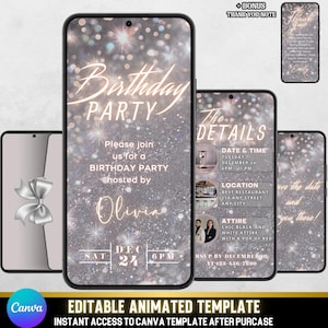 Convite de aniversário animado | Evite elegante com glitter prateado e bronze | Convite de vídeo chique para festa para adultos | Download digital instantâneo