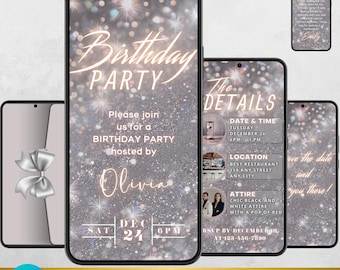 Elegant Silver Glitter Birthday Evite | Animated Party Invitation (Digital Download)