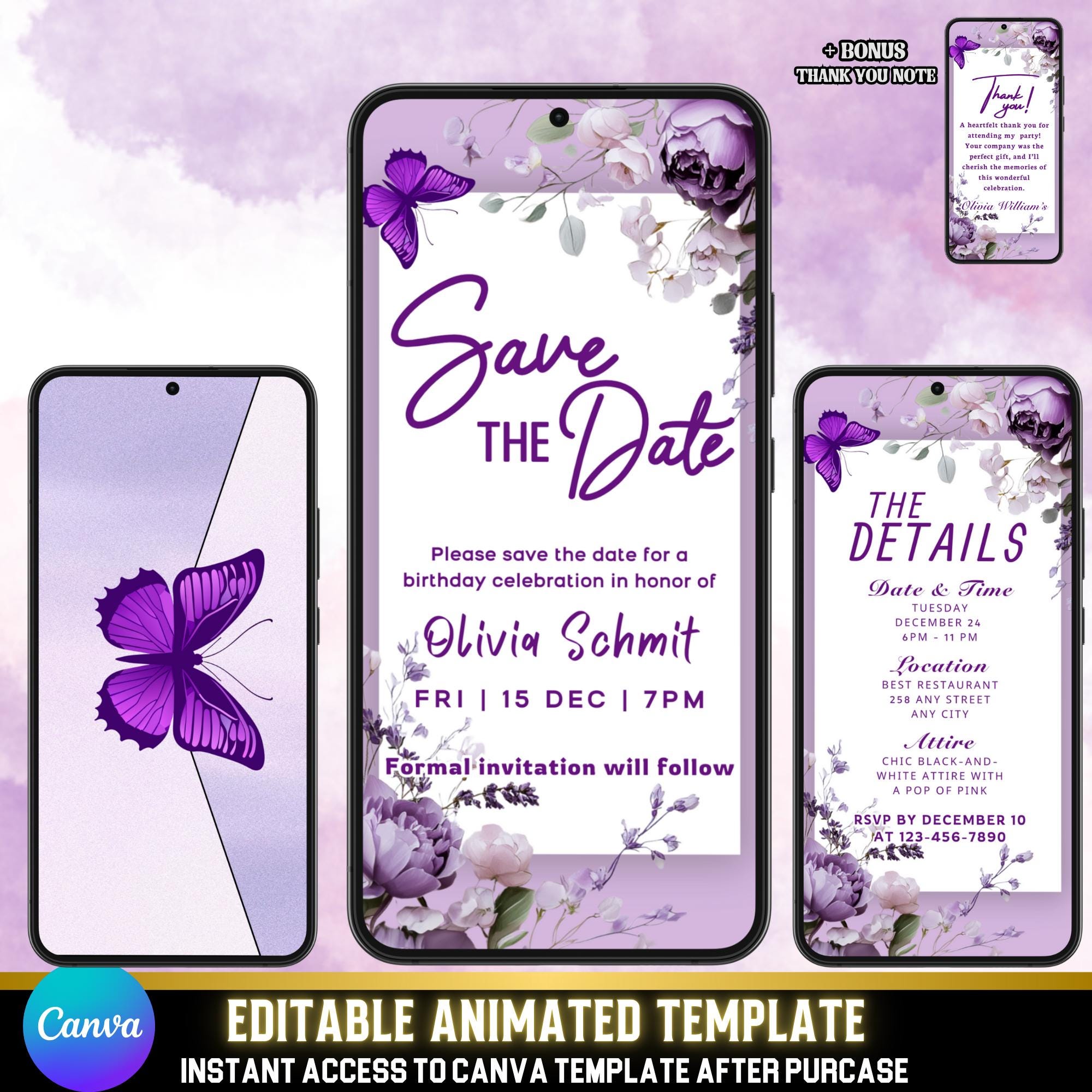 Purple Floral Birthday Save The Date Animation Editable Canva Template 