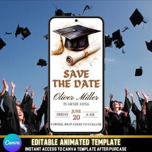 May include: A smartphone displays a graduation announcement with a mortarboard and diploma illustration. The text reads "Save the Date" for Oliver Miller's graduation on June 20th at 8 AM. The background shows graduates throwing caps in the air.