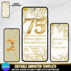 Invitation d'anniversaire fabuleuse et dorée pour 75 ans, animation florale pour femme, invitation vidéo dorée et beige pour femme, vidéo sur toile modifiable + date de réservation
