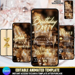 Überraschungs-Geburtstags-Party-Digital-Einladung | Animierte Gold & Schwarz einladen | Luxe Gold Video einladen | Bearbeitbare Canva Vorlage