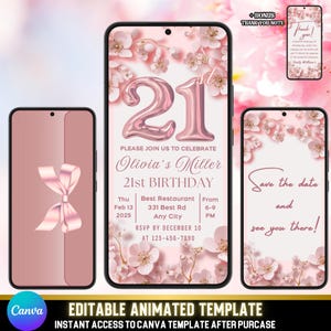 Kersenbloesem 21e verjaardagsuitnodiging | Geanimeerde Canva Video Evite | Bewerkbare roze Sakura-feestsjabloon + gratis bedankkaartje