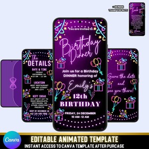 Convite para Jantar de Aniversário em Neon Descolado | Convite de Festa Animado Violeta para Meninas e Adolescentes | Modelo Editável do Canva