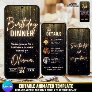Gold & Schwarz animierte Abendessen einladen | Schick und klassisch | Selbst bearbeiten Canva Vorlage | Stilvolle Geburtstags-Feier-Einladung