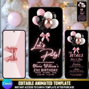 Convite em vídeo de aniversário com envelope rosa | Balões dourados rosa Let's Party | Modelo Canva autoeditável | Roteiro + Nota de agradecimento bônus