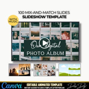 Może przedstawiać: Szablon cyfrowego albumu fotograficznego z tekstem "Our Digital Photo Album" i "100 Mix-and-Match Slides Slideshow Template". Szablon zawiera różne układy zdjęć i przycisk odtwarzania. Widoczne jest logo Canva.