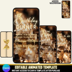 Elegante Geburtstags-Dinner einladen | Gold & Schwarz | Gold Luxe | Animiertes Disco Theme | Selbst bearbeiten Canva Vorlage | Digitaler Download