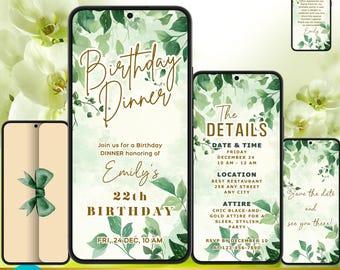 Watercolor Greenery Animated Birthday Dinner Evite | Gold Envelope (MP4 eCard)