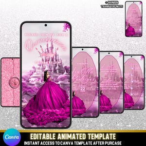 Pink Quinceañera Princess Video Invitation – Animated XV Birthday Evite – Canva Template + Thank You Note – Digital Instant Download