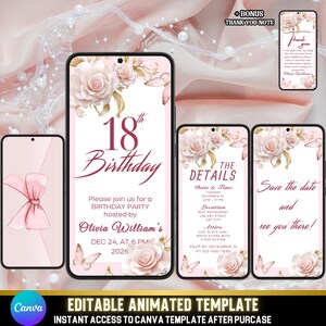 Invitación animada de 18.º cumpleaños en oro rosa, plantilla de Canva autoeditable, invitación rosa ruborizada + nota de agradecimiento adicional