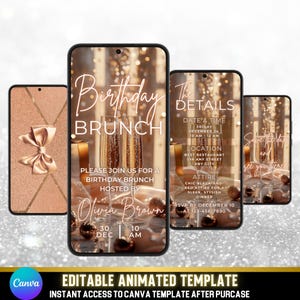 Könnte beinhalten: Vier Smartphones zeigen eine Einladung zum Geburtstagsbrunch. Das Design zeigt Champagnergläser, goldene Akzente und den Text "Birthday Brunch" und "The Details". Das untere Banner lautet "EDITABLE ANIMATED TEMPLATE".