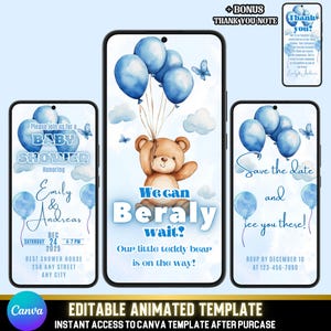 Invitación de video para baby shower en azul suave, oso animado y globos, invitación digital personalizable para niño, invitación digital para baby shower en acuarela pastel.