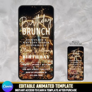 Chic Geburtstags-Brunch-Einladung | Gold Sparkle Digital Evite | | Elegante digitale Video Ecard | Sofortdownload | Bearbeitbare Canva Vorlage