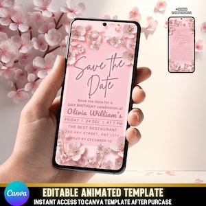 Faites gagner la fleur de cerisier avec l'invitation vidéo d'anniversaire | Modèle de toile animée florale Sakura pour femme | Carte vidéo vidéo floral rose