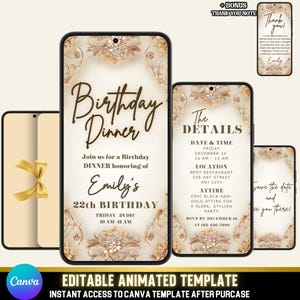 Invito animato per cena di lusso / Cornice in cristallo oro e bronzo / Modello Canva per video di compleanno glamour modificabile