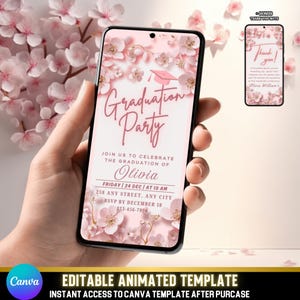 Video de invitación de graduación editable con flores de cerezo / Tarjeta electrónica animada de Sakura Bloom + Nota de agradecimiento adicional / Plantilla de Canva