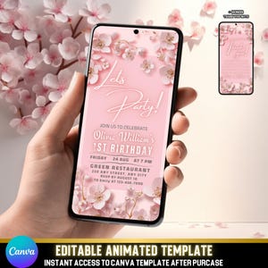 Könnte beinhalten: Ein rosa digitales Einladungsmotiv auf einem Smartphone-Bildschirm mit dem Text "Let's Party!" und Details für eine erste Geburtstagsfeier. Das Design enthält florale Akzente und das Canva-Logo. Eine zusätzliche Dankesnotiz ist ebenfalls zu sehen.