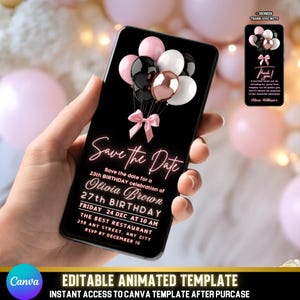 Bearbeitbares Save The Date Video | Rose Gold Luftballons Geburtstag einladen | Elegant und schick Animierte eCard | Canva Template für Mädchen & Jugendliche
