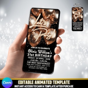 Bronze Balloon Digital Party Invitation | Elegant Let's Party Video Evite | Editable Canva MP4 for Text | Template for Birthday + Thank Note