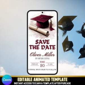 Animierte Abschlussfeier Save the Date | Burgundermütze & Golddiplom | Klassische Abschlussfeier Evite | Selbst bearbeitbare Canva Vorlage