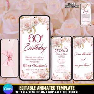 Animierte Rose Gold 60. Geburtstagseinladung | Schmetterlinge rosa | Selbst bearbeitbare Canva Vorlage | Bonus Dankeschön