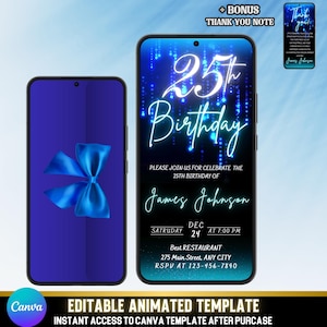 Neon Blue Birthday Invitation | Animated Video Template | Canva Editable Birthday Party Evite for Men & Women | Digital Download + Thank You