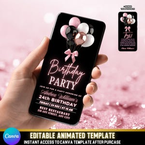 Vídeo de convite de aniversário editável para adolescentes | Balões 3D rosa, preto e dourado | Modelo Canva + Nota de agradecimento bônus