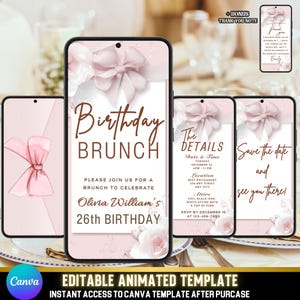 Invitación animada de brunch de cumpleaños en rosa / Video floral suave de Evite / Tarjeta electrónica femenina elegante / Plantilla editable de Canva / Nota de agradecimiento adicional