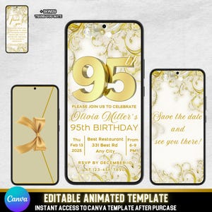 Invitation à la célébration du 95e anniversaire, élégante invitation pour 95e anniversaire, vidéo animée pour elle, invitation d'anniversaire en toile modifiable + réservez la date