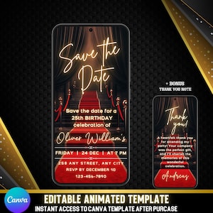 Plantilla digital para invitación de cumpleaños con alfombra roja / VIP en Canva