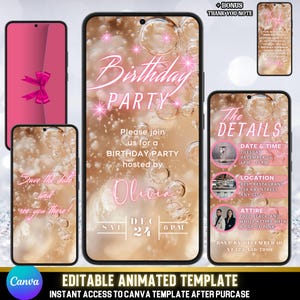 Fun & Chic animierte Geburtstagseinladung, Beige und golden mit rosa Text, digitale Party Einladung