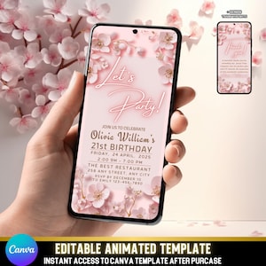 Let’s Party Sakura Video Einladen | Rosa Blumen Animierte Geburtstagseinladung | Bearbeitbare Kirschblüte MP4 | Digitales Evite für Mädchen & Frauen
