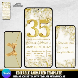 Elegantes Gold zum 35. Geburtstag, Einladungsvideo, schicke Gold Sparkle Party-Vorlage, bearbeitbare digitale Party Einladung für Sie + Save the Date